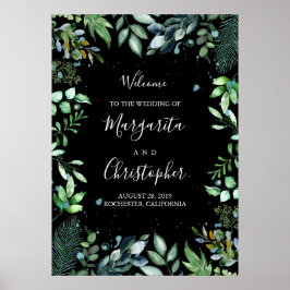 Woodland Greenery Black Wedding Welcome Sign Poster