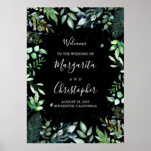 Woodland Greenery Black Wedding Welcome Sign Poster