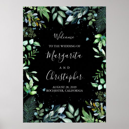 Woodland Greenery Black Wedding Welcome Sign Poster (Voorkant)