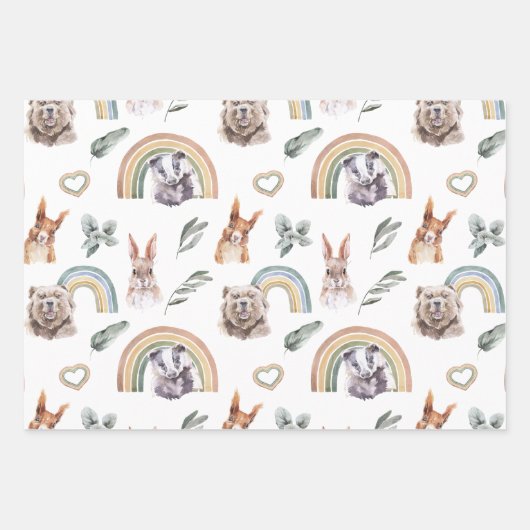 Woodland Greenery | Bosdieren en regenbogen Inpakpapier Vel (Voorkant)