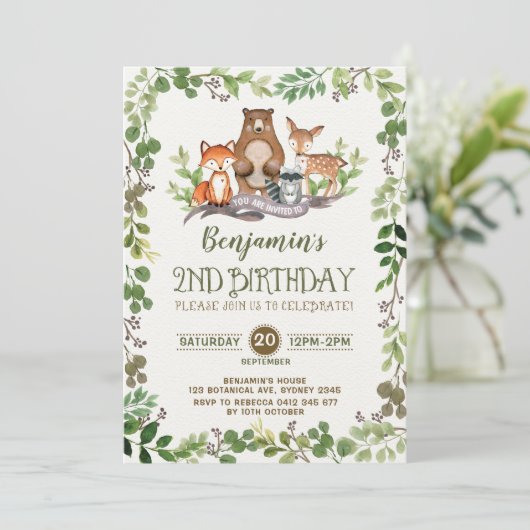 Woodland Greenery Forest Animals 2e verjaardag Kaart (Staand voorkant)