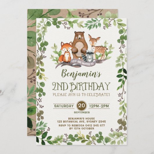 Woodland Greenery Forest Animals 2e verjaardag Kaart (Voorkant / Achterkant)