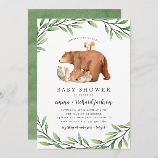 Woodland Greenery Forest Animals Baby shower Kaart (Voorkant / Achterkant)
