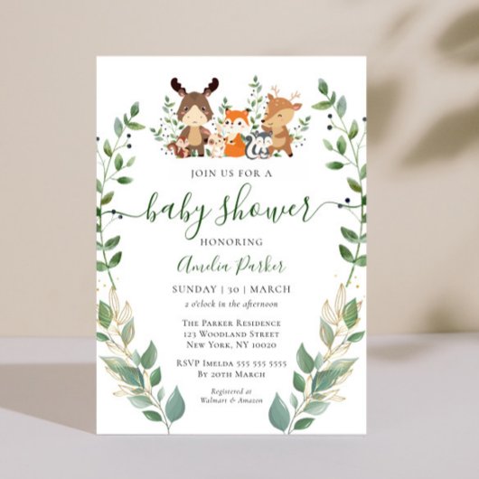 Woodland Greenery Forest Animals Baby shower Kaart