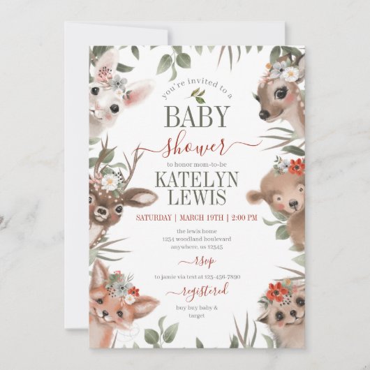Woodland Greenery Girl Baby shower Kaart (Voorkant)
