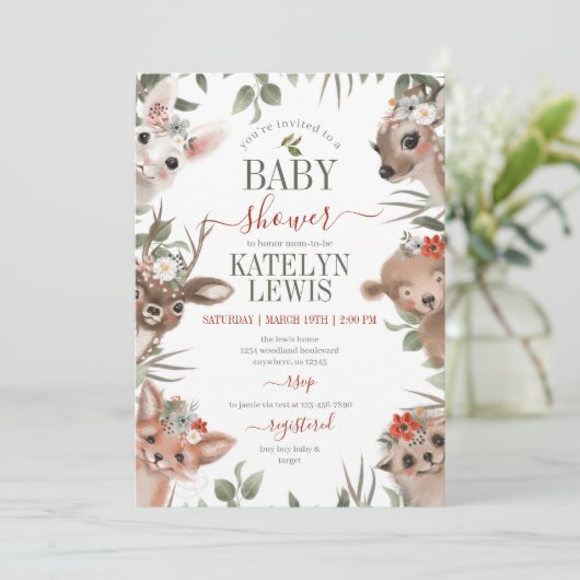Woodland Greenery Girl Baby shower Kaart (Staand voorkant)