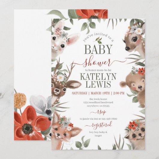 Woodland Greenery Girl Baby shower Kaart (Voorkant / Achterkant)