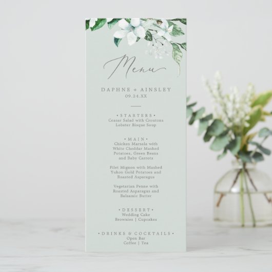 Woodland Greenery | Mint Green Wedding Dinner Menu (Staand voorkant)