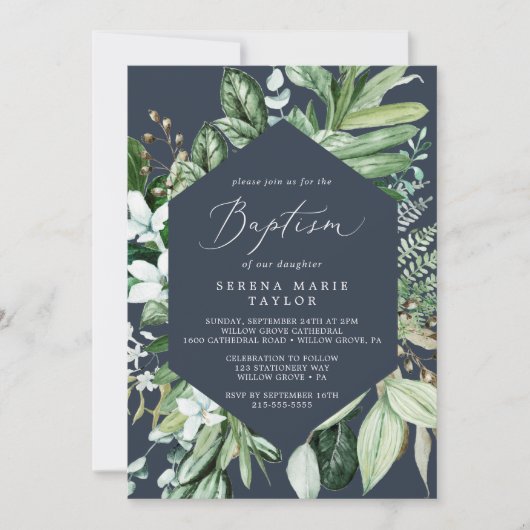 Woodland Greenery | Navy Blue Baptisme Kaart (Voorkant)