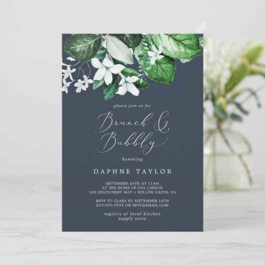 Woodland Greenery | Navy Blue Brunch en Bubble Kaart (Staand voorkant)