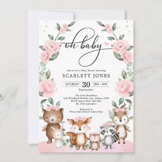  Woodland Greenery Pink Floral Baby shower Kaart (Voorkant)