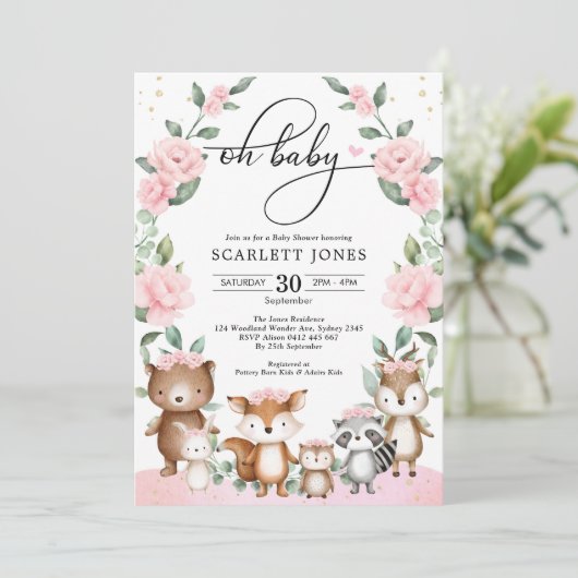  Woodland Greenery Pink Floral Baby shower Kaart (Staand voorkant)