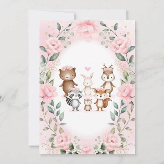  Woodland Greenery Pink Floral Baby shower Kaart (Achterkant)