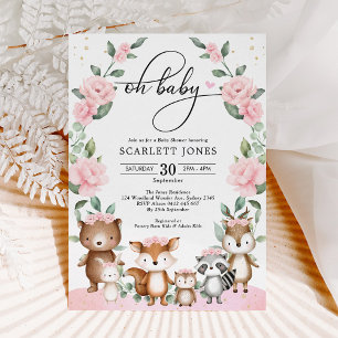  Woodland Greenery Pink Floral Baby shower Kaart