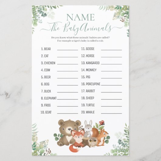 Woodland Greenery Shower Baby Animal Name Game (Voorkant)