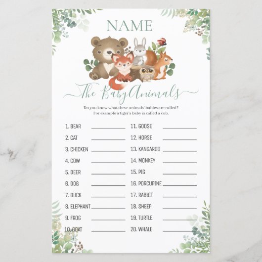 Woodland Greenery Shower Baby Animal Name Game (Voorkant)