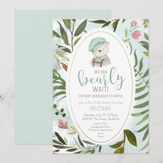 Woodland  Greenery Teddy Bear Baby shower Kaart (Voorkant / Achterkant)