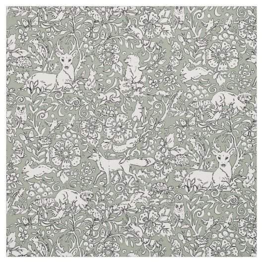 Woodland Grey Green Animal Pattern Deer Fox Rabbit Stof (Swatch)