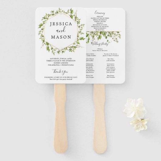 Woodland groen bruiloft fan programma handwaaier (Voorkant en achterkant)