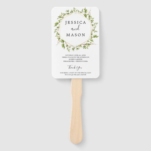 Woodland groen bruiloft fan programma handwaaier (Voorkant)