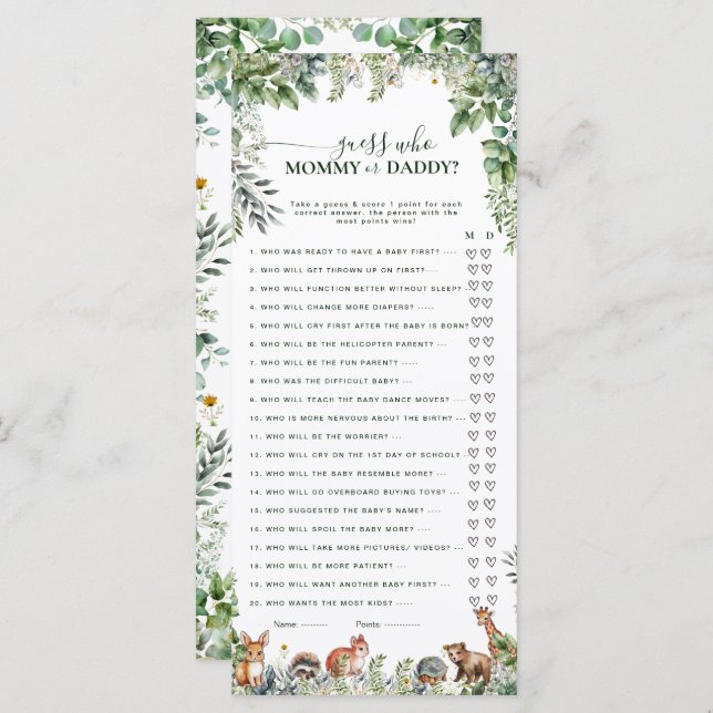 Woodland Guess Mama of Daddy Baby shower Spel (Voorkant / Achterkant)