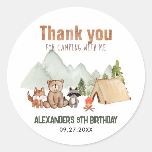 Woodland Happy Camper Camping Verjaardag dank u Ronde Sticker (Voorkant)