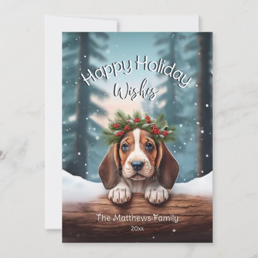 Woodland Happy Christmas Wishes Basset Hound Puppy Feestdagenkaart (Voorkant)