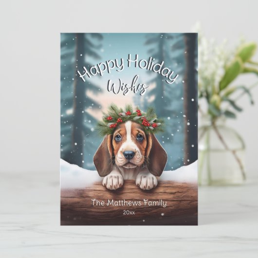 Woodland Happy Christmas Wishes Basset Hound Puppy Feestdagenkaart (Staand voorkant)