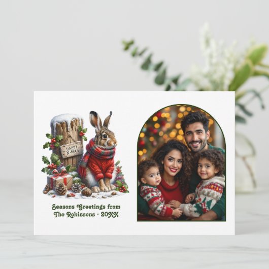 Woodland Hare Rustic Forest Cozy Christmas Photo Feestdagenkaart (Staand voorkant)