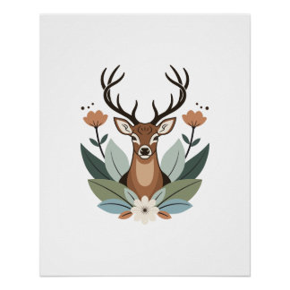 Woodland Harmony – Boho Deer Botanical Illustratio Perfect Poster