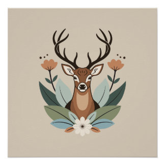 Woodland Harmony – Boho Deer Botanical Illustratio Perfect Poster