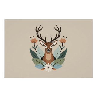 Woodland Harmony – Boho Deer Botanical Illustratio Perfect Poster