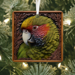 Woodland Harmony: Green Loriket op gesneden hout Metalen Ornament