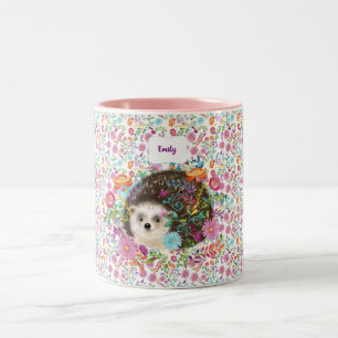 Woodland Hedgehog Folk Flowers gepersonaliseerd Tweekleurige Koffiemok