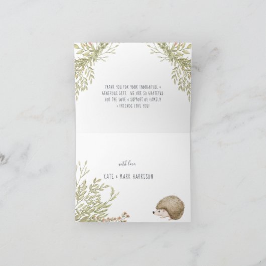 Woodland Hedgehog | Forest Baby shower Dank u Bedankkaart (Binnen)