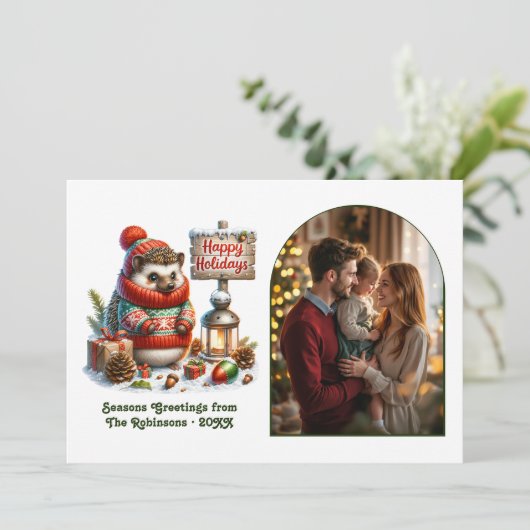 Woodland Hedgehog Happy Holidays Cozy Forest Photo Feestdagenkaart (Staand voorkant)