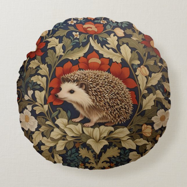 Woodland Hedgehog William Morris Inspired Rond Kussen (Voorkant)