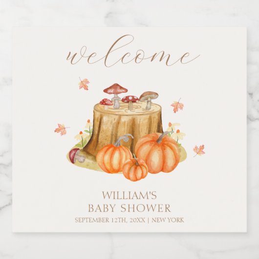 Woodland Herfst Pumpkin Mushroom Baby shower Welko Sparkling Wijnetiket (Enkel label)