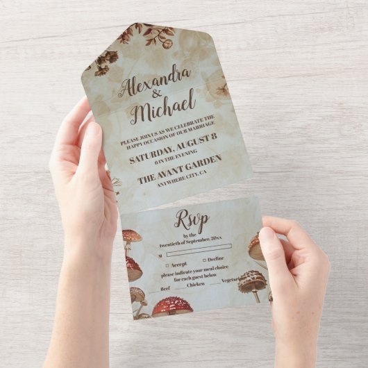 Woodland Herfst Waterverf Paddenstoel bruiloft All In One Uitnodiging (Afscheurbaar)