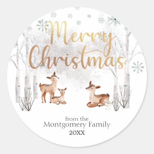 Woodland Herten Goud Vrolijk Kerstfeest Ronde Sticker (Voorkant)