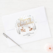 Woodland Herten Goud Vrolijk Kerstfeest Ronde Sticker (Envelop)