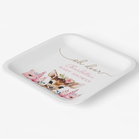 Woodland Herten Roze Bloemen Meisje Baby shower Cu Papieren Bordje (Gebogen)