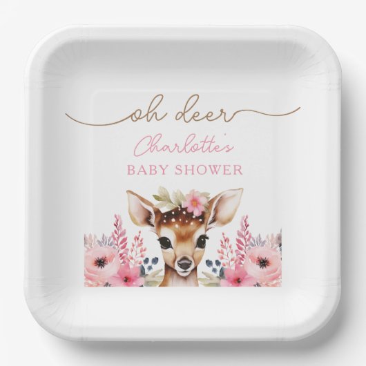 Woodland Herten Roze Bloemen Meisje Baby shower Cu Papieren Bordje (Voorkant)