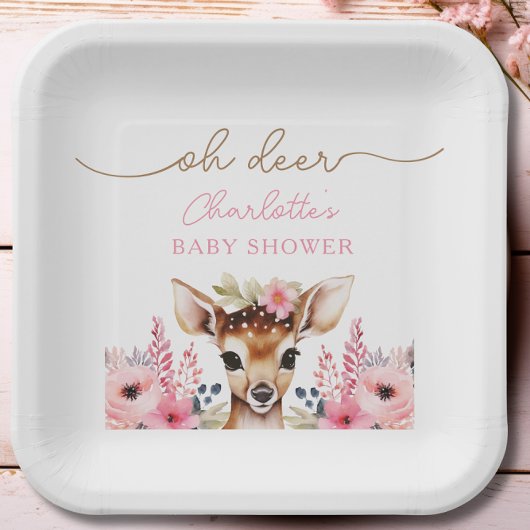 Woodland Herten Roze Bloemen Meisje Baby shower Cu Papieren Bordje