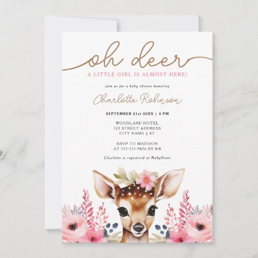 Woodland Herten Roze Goud Bloemen Meisje Baby show Kaart (Voorkant)