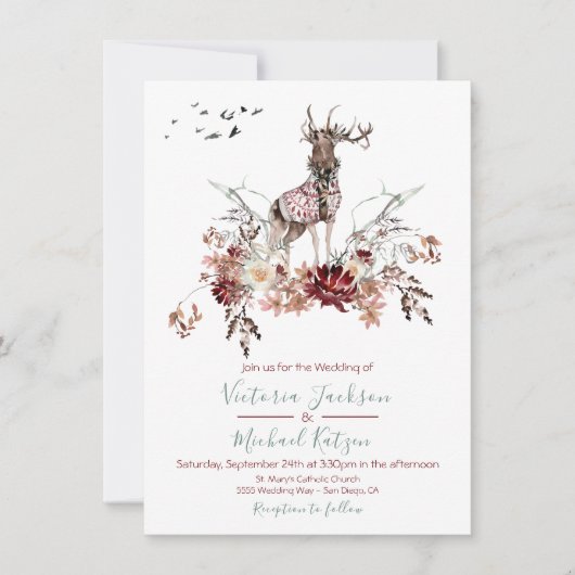 Woodland Herten Waterverf Winterbruiloft Kaart (Voorkant)