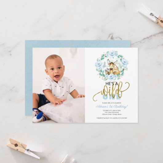 Woodland Hij is een wilde One Photo First Birthday Kaart (Voorkant / Achterkant in situ)