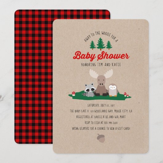 Woodland houthakker Baby shower Animals Invitation Kaart (Voorkant / Achterkant)