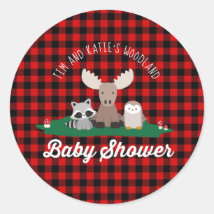 Woodland houthakker Baby shower Animals Red Plaid Ronde Sticker
