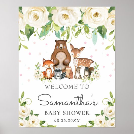 Woodland Ivory Floral Baby shower Welkomstteken Poster (Voorkant)